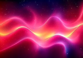 Obraz premium An amazing background with beautiful, colorful waves, a glowing light effect, and space stars on a dark purple and pink gradient background. Illustration,