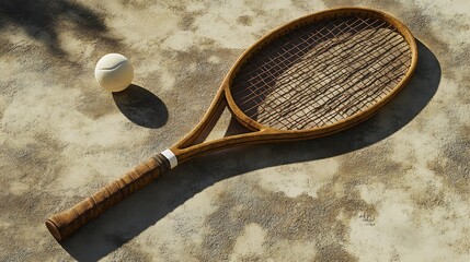 Tennis Racket and Ball Resting on Court with Shadow Detail