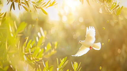 White dove flying over a tranquil battlefield with scattered olive branches, symbolizing peace and the resolution of conflict, representing harmony and hope after war.