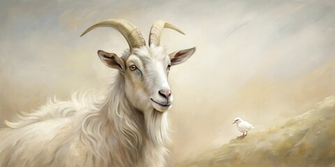 Obraz premium A Majestic White Goat and a Small White Bird Share a Serene Moment in a Softly Painted Landscape