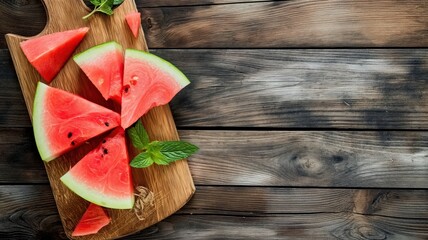 Watermelon slices on a wooden board, copy space for text 