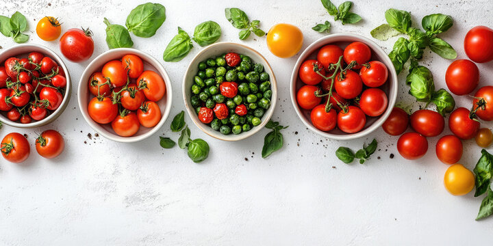 Overhead shot of bowls containing red and green cherry tomatoes and fresh basil leaves on a white surface, with copy space. Perfect for food blogs, healthy eating, recipes, or farming/gardening sites.