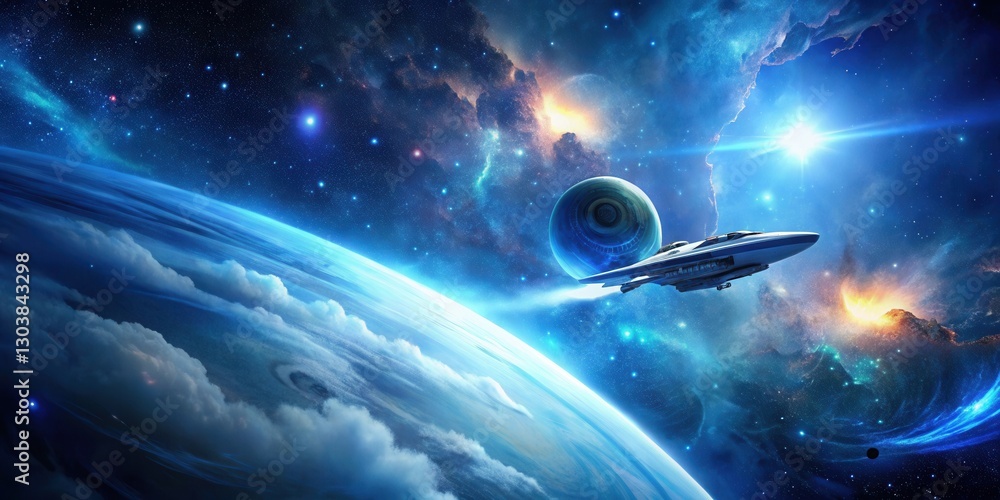 Sticker a futuristic spaceship soars through a celestial tapestry of nebulae and planets