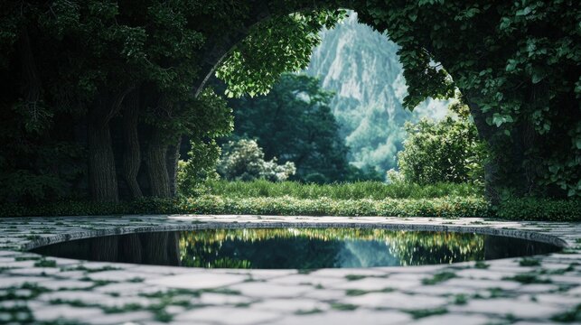 Serene Mountain Landscape Tranquil Pool Lush Greenery Stone Archway