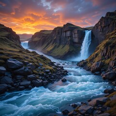 Majestic Waterfall Landscape. Sunset Glow Over River, Cliffs And Moss. Natural Beauty And Dynamic Flow. Smooth Boulders And Serene Power. Nature's Wonder And Peaceful Scene.