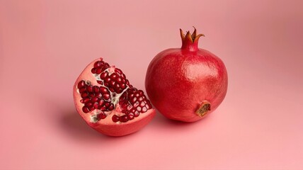pomegranate cut in half on a pink background