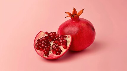 pomegranate cut in half on a pink background