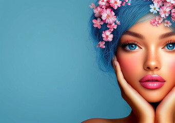 Naklejka premium Woman with blue hair and pink flowers in her hair. She is wearing a blue scarf