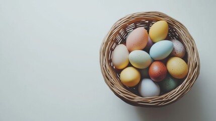 Colorful easter basket filled with pastel eggs on white background, festive spring holiday decoration.


