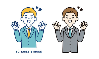 目を輝かせて驚く、若いビジネスマンのベクターイラスト素材＿線幅の編集可能