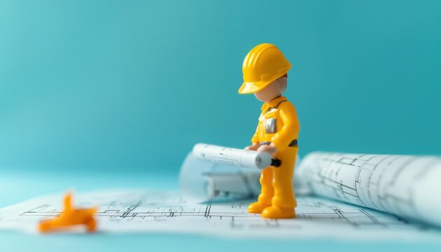 Construction Worker Toy Figure With Blueprint