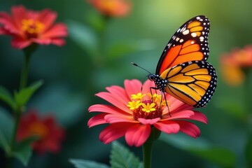 Fototapeta premium Butterflies sipping nectar from a colorful flower, colors, butterflies, nature