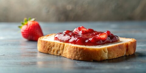 A single slice of bread topped with homemade strawberry preserves and a fresh strawberry sits on a table
