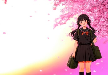 Obraz premium Cheerful Student Under Cherry Blossom Tree in Springtime Scene