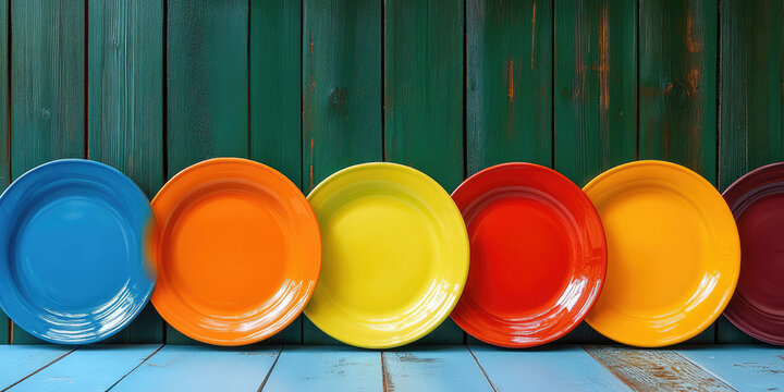 A horizontal line of bright, colorful ceramic plates (blue, orange, yellow, red) leaning against a rustic turquoise wooden wall. Ideal for sites/blogs on cooking, dining, interior design, color theory