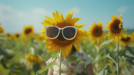 sunflower wearing sunglasses in the middle of a field