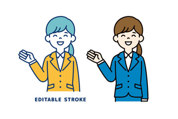 手を添えて案内する、若い女性会社員のベクターイラスト素材＿線幅の編集可能