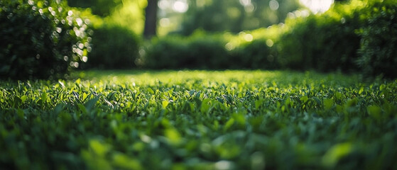 Close-up view of a beautifully manicured green lawn with lush grass and foliage