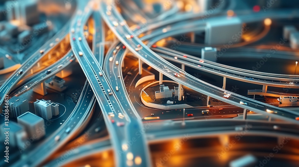 Aufkleber intricate aerial view of a multi-level highway interchange with miniature effect