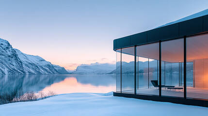 Modern house by the serene lake, surrounded by stunning snowy mountains at sunrise.