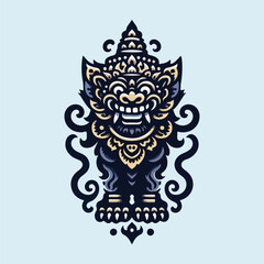A stylized depiction of a mythical guardian spirit, inspired by Balinese folklore, featuring symmetrical patterns and sacred symbols