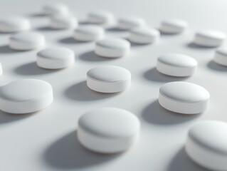 A close-up view of white tablets arranged on a flat surface, emphasizing health and wellness.