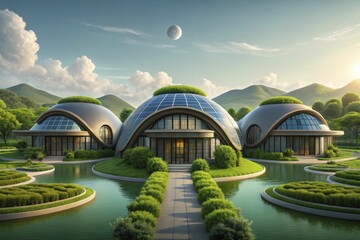 Fototapeta premium A clean, conceptual digital painting of a modern eco-village with abstract organic shapes and subtle high-tech accents, evoking harmony and renewal