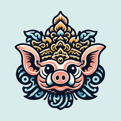 Ornate Balinese Pig Head with Tribal Crown and Mythical Decorative Elements