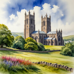 Obraz premium watercolor of Canterbury Cathedral, with its towering Gothic spires framed by vibrant flowerbeds. Visitors wander through the grounds
