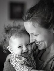 A joyful moment captured between a mother and her smiling baby.