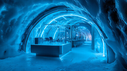 Modern ice architecture featuring luminous blue lighting and a sleek design.