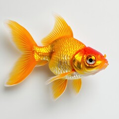 Fototapeta premium A single, detailed goldfish, on a pure white background, highlighting its shimmering scales with professional studio lighting, perfect for aquarium-related branding