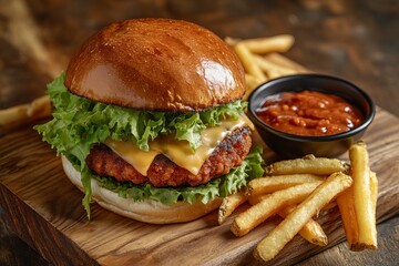 Juicy Delicious Cheeseburger with Crispy French Fries and Spicy Sauce Gourmet Burger Meal Fast Food Restaurant Menu Item bun hot beef patty lunch     