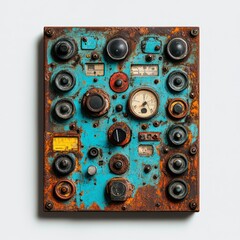 Obraz premium Close-up of a smelting plants control panel, captured with clarity against a white background, ideal for showcasing automation in iron processing, emphasizing technological advancements.