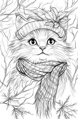 A black and white line art illustration of an adorable cat with large, expressive eyes, sitting in the branches of a tree surrounded by leaves, butterflies, and flowers, suitable for coloring pages.