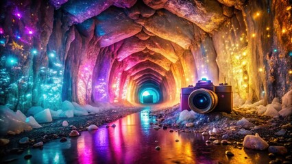 Obraz premium A camera rests near a magical, glowing ice cave tunnel illuminated with vibrant, colorful lights reflecting in a calm pool of water