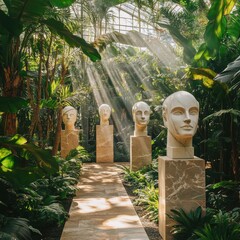 Serene Indoor Garden with Sculptures Surrounded by Lush Greenery