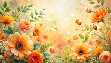 A vibrant display of orange and peach blossoms, delicate foliage, and soft, glowing light creates a dreamy floral scene.