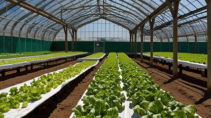 Large greenhouse with a curved, transparent roof made of plastic sheeting supported by wooden beams.
