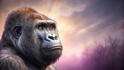 Obraz premium A majestic gorilla contemplates a vibrant sunset, its gaze fixed on a hazy horizon, a symbol of strength and tranquility in nature's embrace.