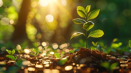 Obraz premium Planting trees on a coin pile with sunlight