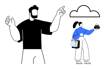 Man points while woman holds packages under a cloud. Ideal for digital technology, online shopping, cloud storage, data management, teamwork, modern lifestyle, and e-commerce. Abstract line flat