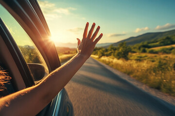 A woman's hand waves from a car window during a scenic drive at sunset or sunrise