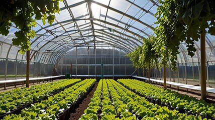 Large greenhouse with a curved, transparent roof made of plastic sheeting supported by wooden beams.