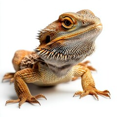 Obraz premium High-quality isolated image of a bearded dragon basking, placed on a pure white background, perfect for reptile pet branding, emphasizing its rugged scales
