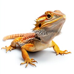 Naklejka premium High-quality isolated image of a bearded dragon basking, placed on a pure white background, perfect for reptile pet branding, emphasizing its rugged scales
