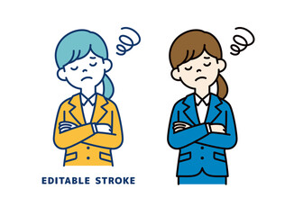 腕を組み、目を閉じて考える、若い女性会社員のベクターイラスト素材＿線幅の編集可能