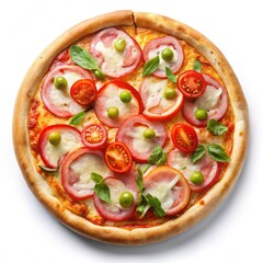 Pizza with Mozzarella cheese, Ham, Tomatoes, pepper isolated on white background.
