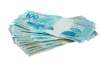 A stack of Brazilian 100 Real banknotes. Represents Brazilian currency, finance, economy, and wealth
