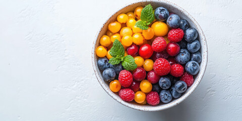 Berries in a bowl on a light surface, top view.  Fruit, healthy eating, and snack themes. Ideal for food blogs, recipe sites, and nutrition publications.